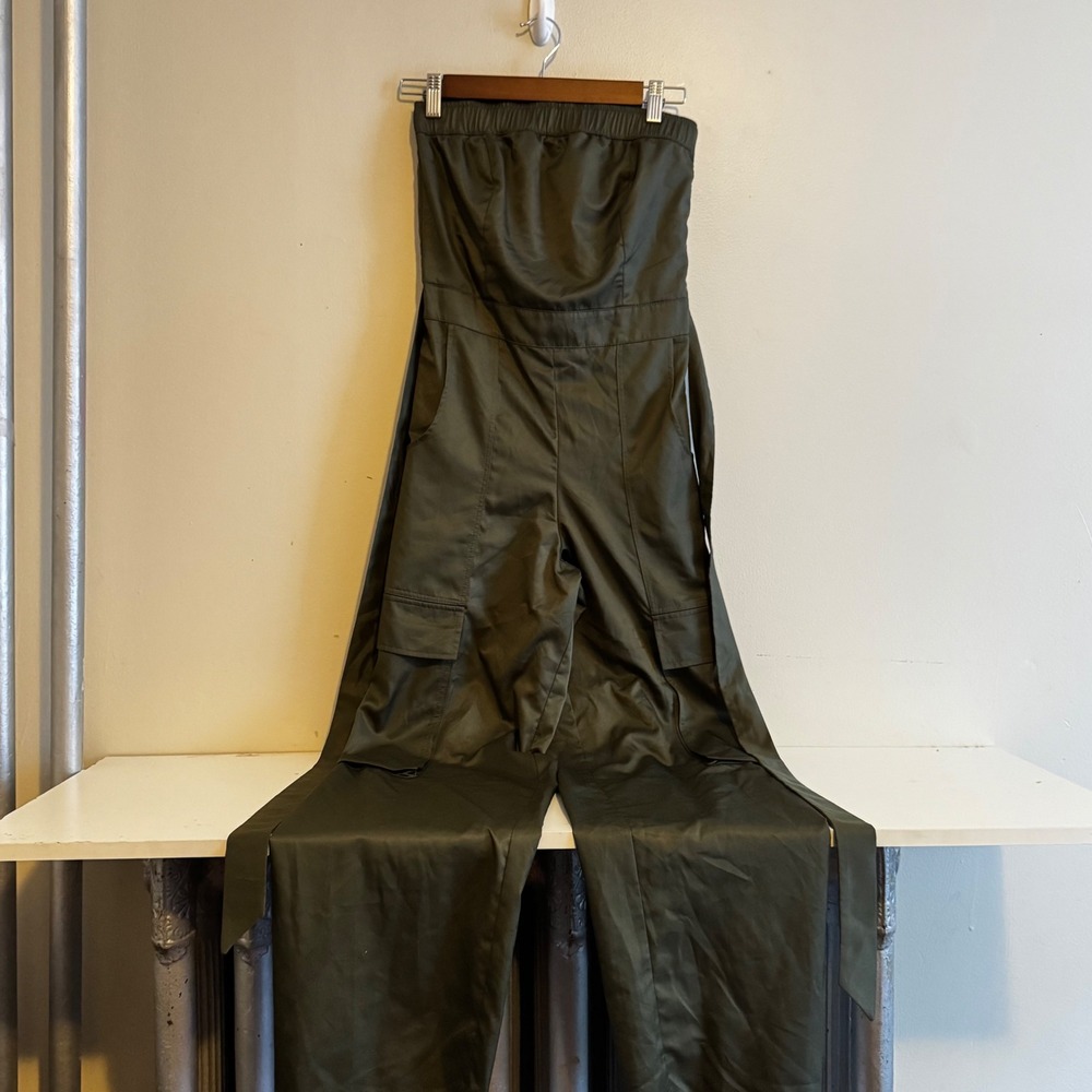 Shasa Women's Sz Sm Strapless Jumpsuit Olive Green Satin Wide Leg NWT $549 Fall